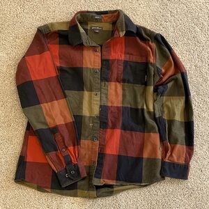 Plaid Button-Up Shirt in Orange, Black, and Olive